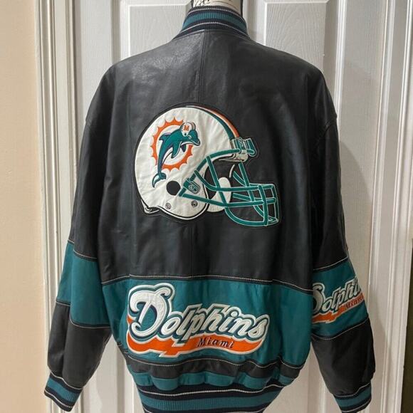 Y2K CARL BANKS NFL MIAMI DOLPHINS LEATHER  MOTO JACKET SZ XL ICONIC FOOTBALL - Picture 1 of 16